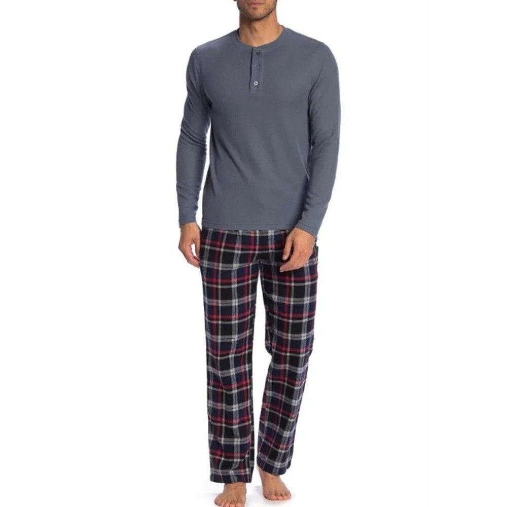 NWT Hawke & Co Mens Gift Set Thermal Henley Shirt Flannel Lounge Pants Sz S plai